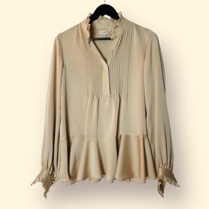 LAFAYETTE 148 Golden Tan Pleat bust Blouse With Ruffled Detail Size XS